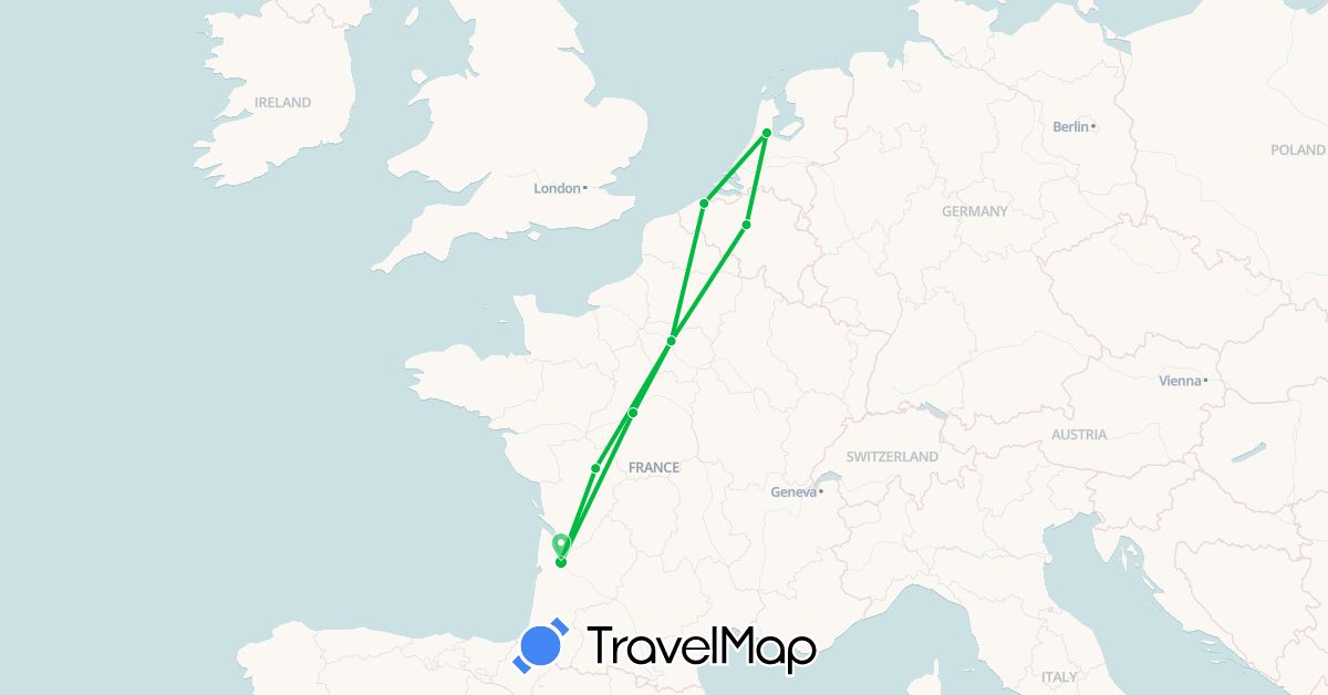 TravelMap itinerary: bus in Belgium, France, Netherlands (Europe)